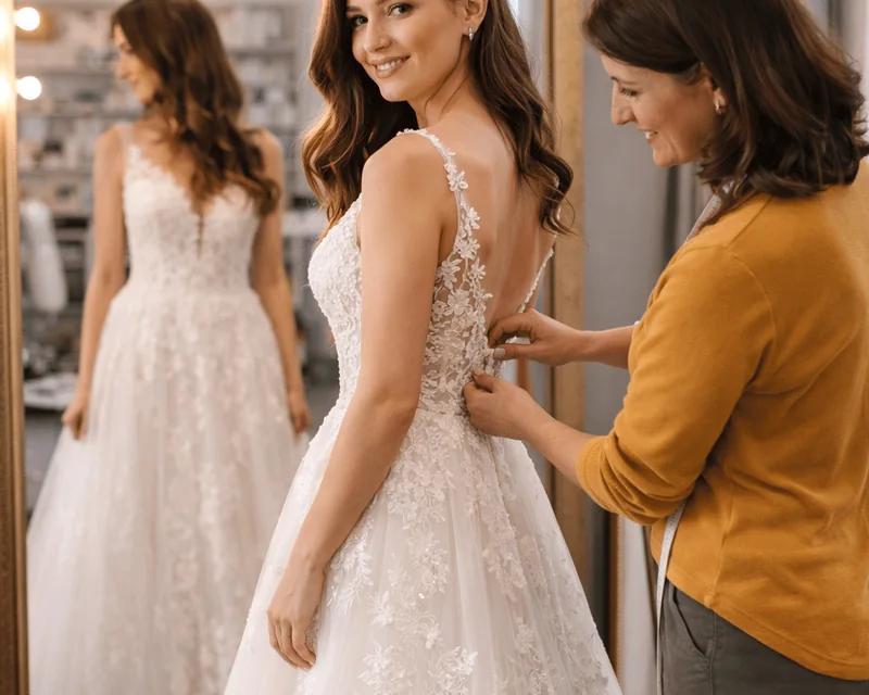 Novia probándose un vestido ante un espejo, ajustado por la modista