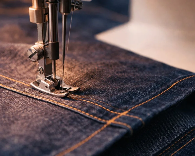 Aguja de una máquina de coser sobre el bajo de un vaquero