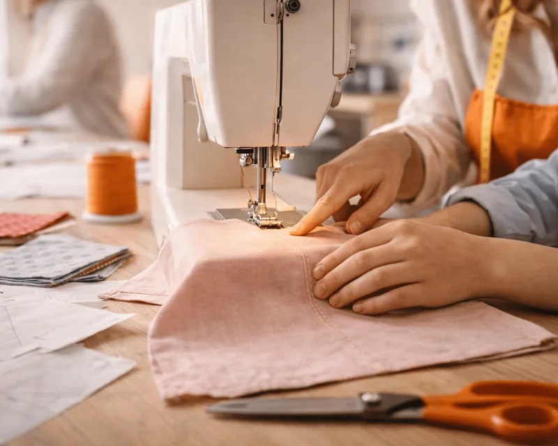 Manos guiando una tela rosa bajo la aguja de una máquina de coser