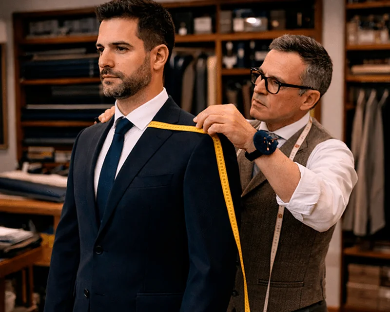 Sastre tomando medidas a un hombre con traje