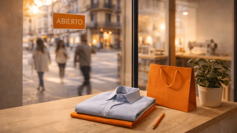 Camisas dobladas y una bolsa sobre el mostrador de un taller abierto a la calle