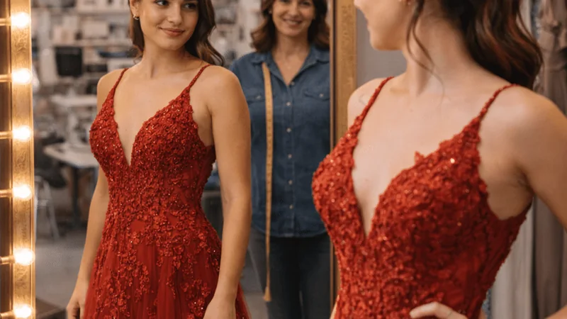 Dos mujeres con vestidos rojos ante un espejo con bombillas
