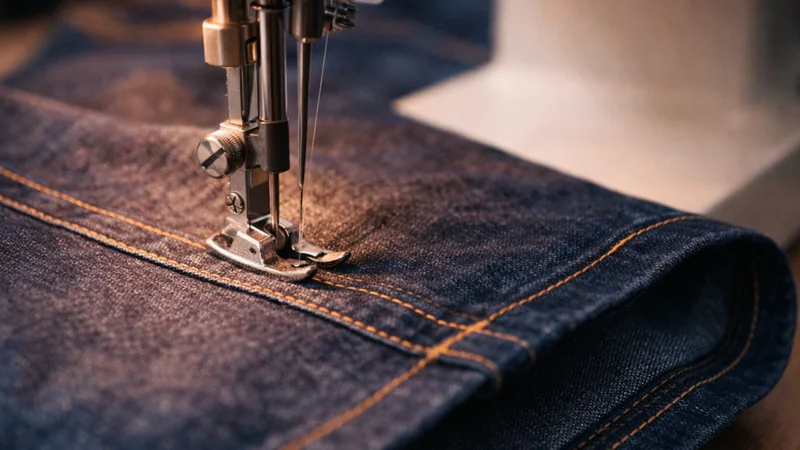 Aguja de una máquina de coser sobre el bajo de un vaquero