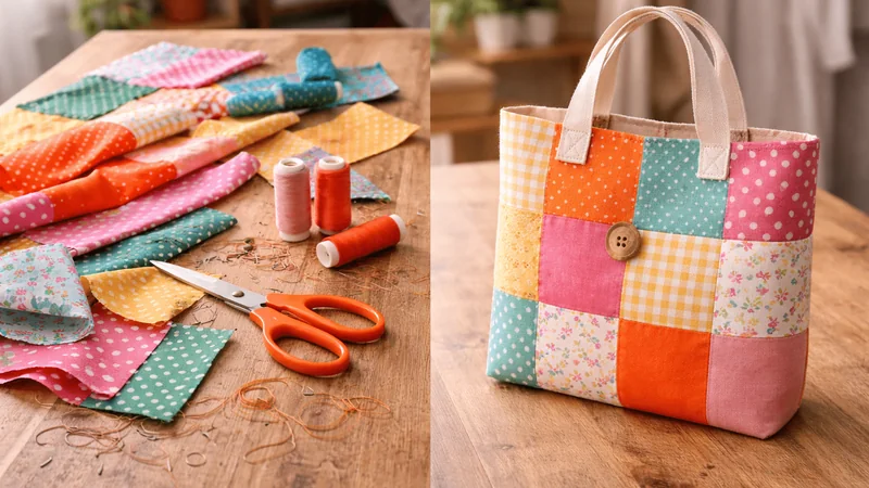 Retales de colores, hilos y un bolso de patchwork