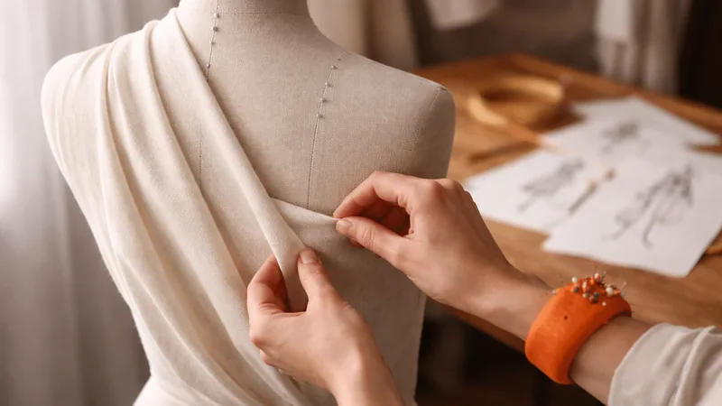 Manos colocando una tela sobre un maniquí en el taller