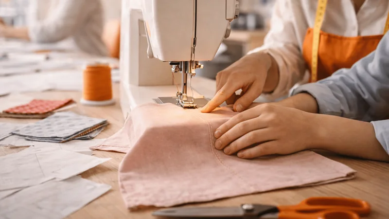 Manos guiando una tela rosa bajo la aguja de una máquina de coser