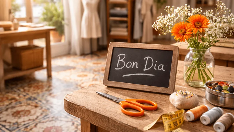 Mesa del taller con tijeras, hilos, cinta métrica y un cartel de «Bon dia»