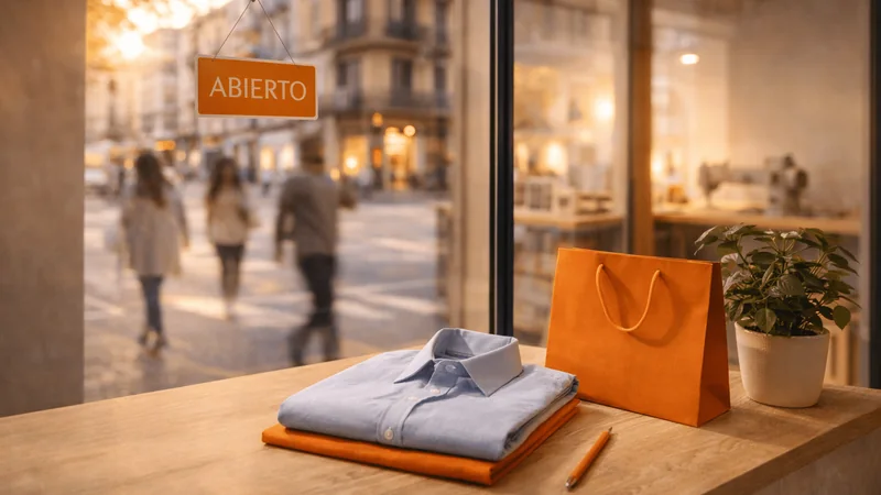 Camisas dobladas y una bolsa sobre el mostrador de un taller abierto a la calle