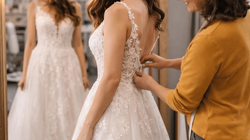 Novia probándose un vestido ante un espejo, ajustado por la modista