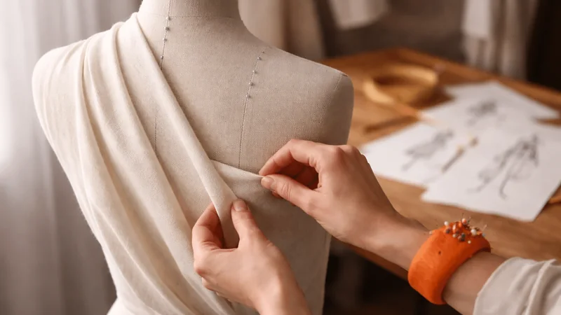 Manos colocando una tela sobre un maniquí en el taller