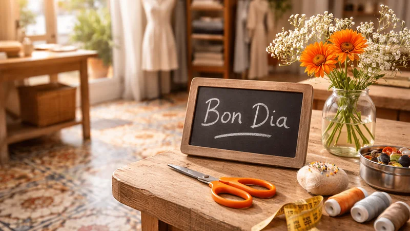 Mesa del taller con tijeras, hilos, cinta métrica y un cartel de «Bon dia»