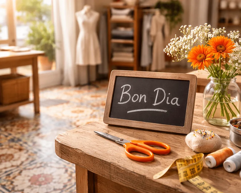 Mesa del taller con tijeras, hilos, cinta métrica y un cartel de «Bon dia»