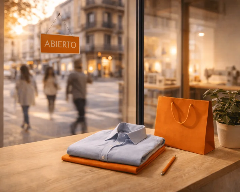Camisas dobladas y una bolsa sobre el mostrador de un taller abierto a la calle