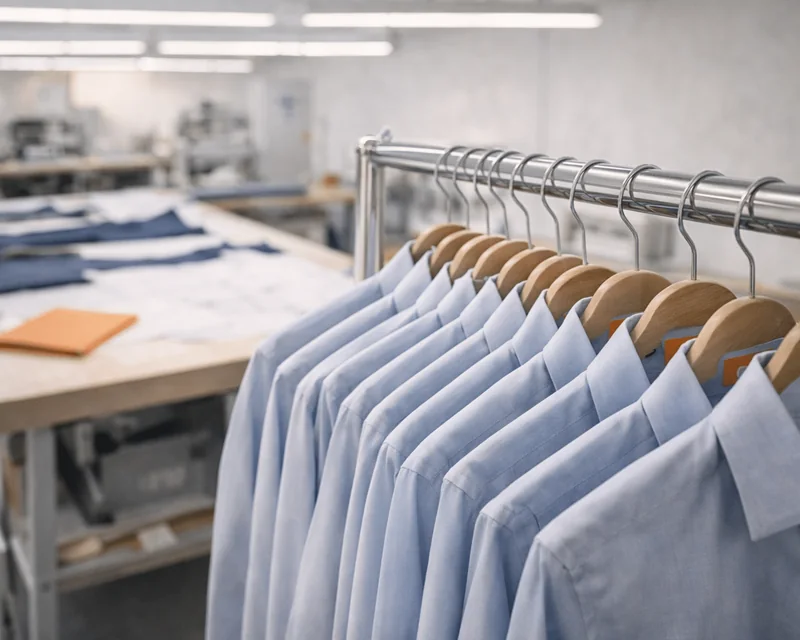 Camisas azules colgadas en una barra en un taller de producción