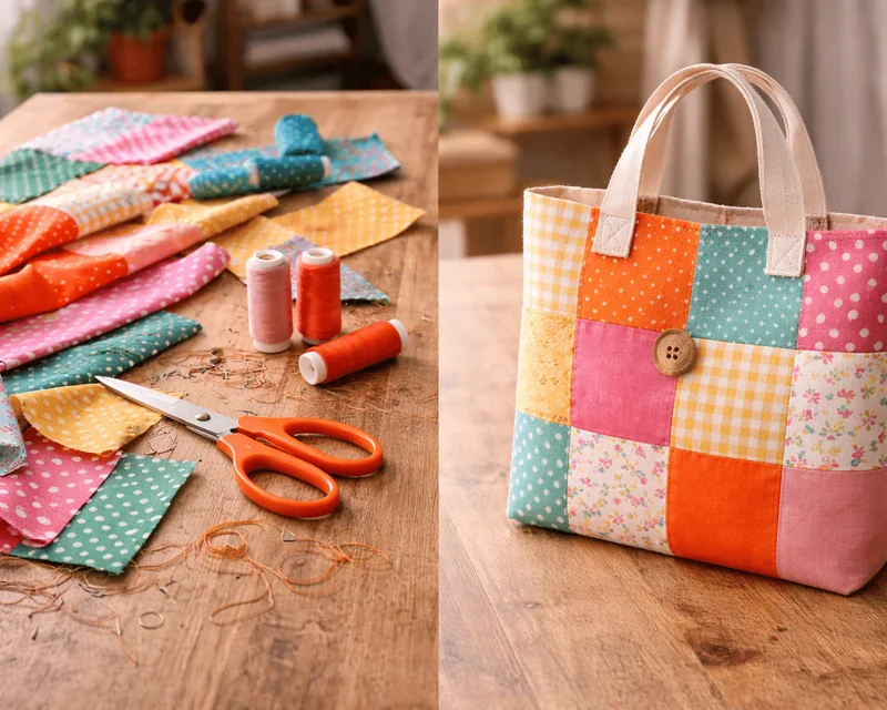 Retales de colores, hilos y un bolso de patchwork