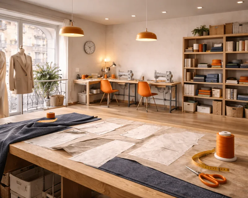 Interior de un taller de costura con mesa de corte, maniquíes y estanterías