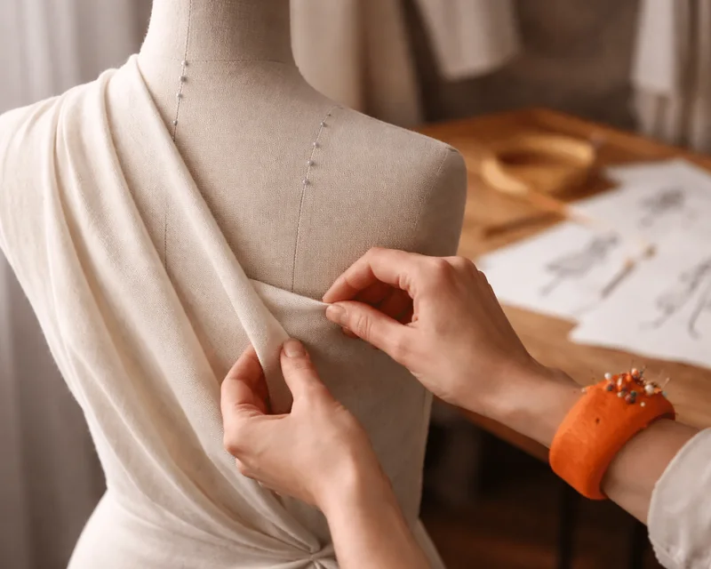Manos colocando una tela sobre un maniquí en el taller