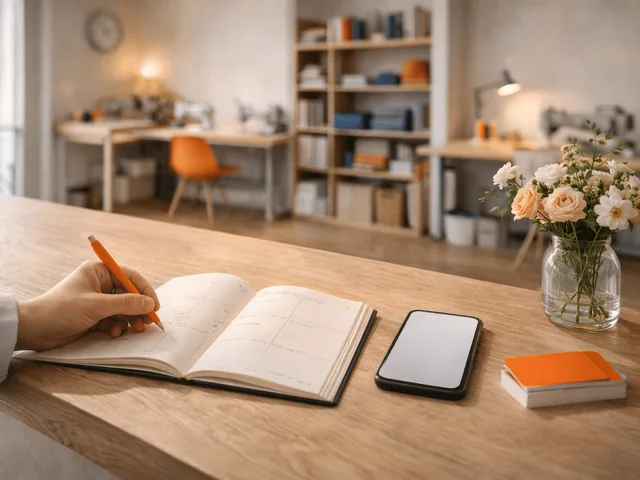 Mano escribiendo en una libreta junto a un móvil sobre una mesa