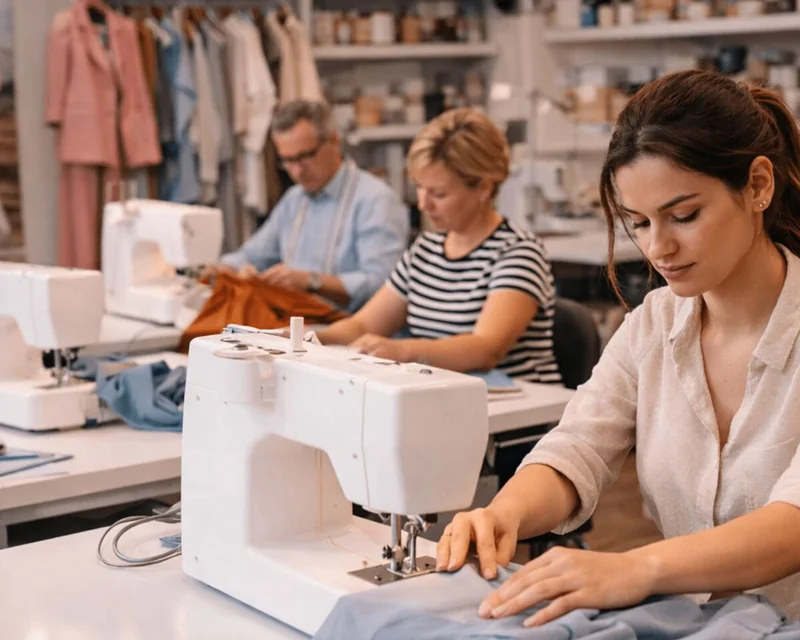 Costureras trabajando con máquinas de coser en un taller de producción