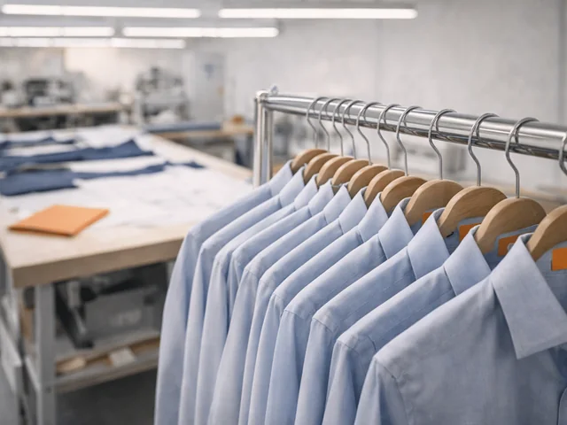 Camisas azules colgadas en una barra en un taller de producción