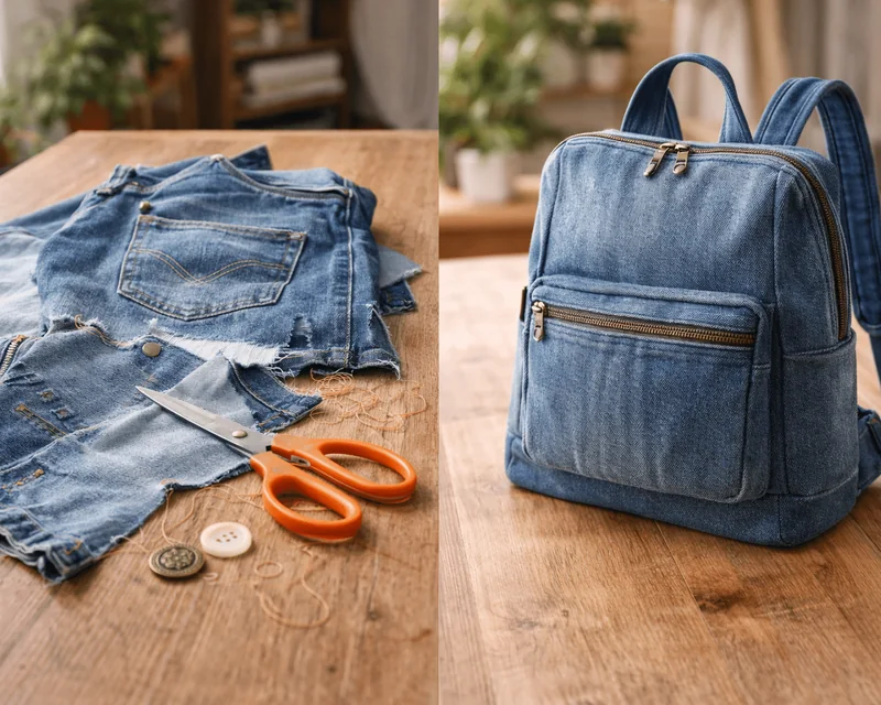 Prendas vaqueras, tijeras y una mochila hecha con tela reciclada