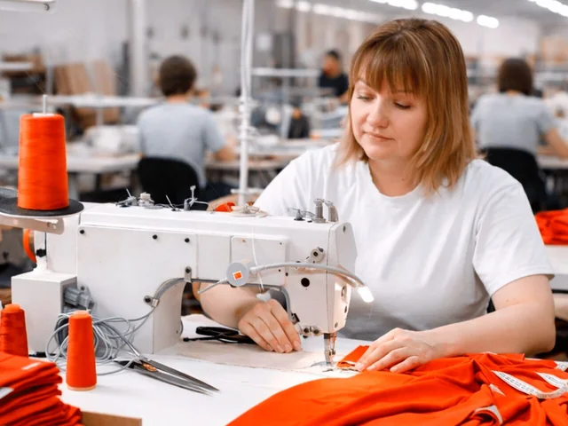 Línea de costura industrial con costureras y telas naranjas