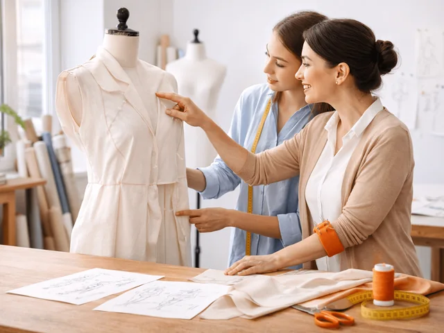 Dos mujeres ante un maniquí con patrones y telas sobre la mesa
