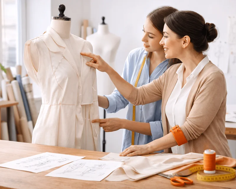 Dos mujeres ante un maniquí con patrones y telas sobre la mesa