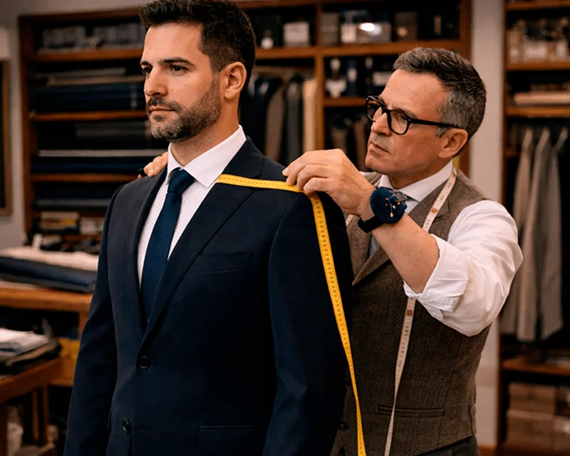 Sastre tomando medidas a un hombre con traje